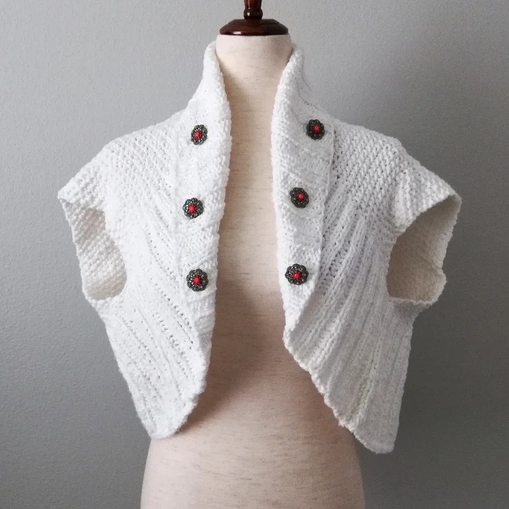 White Knit Shrug Cap Sleeve Sweater With Decorative Buttons, One Size